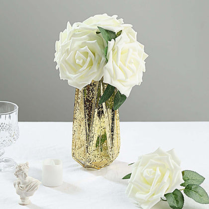 24 Roses Ivory Artificial Foam Flowers With Stem Wire and Leaves 5"