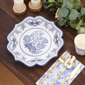 25 Pack White Blue Paper Dinner Plates With Chinoiserie Florals and Scalloped Rims, Disposable Party Plates 300 GSM 10"