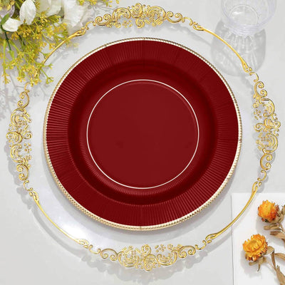 25-Pack Paper Round Dinner Plates 10" Burgundy Sunray Design with Gold Rim - 350GSM Heavy Duty Disposable Party Plates