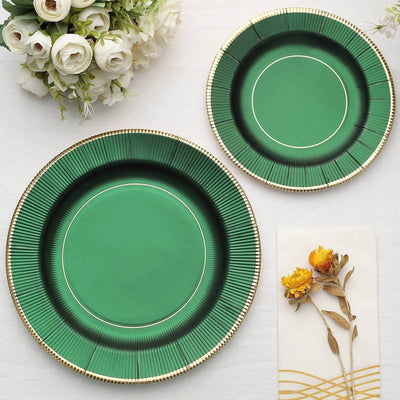 25-Pack Paper Round Dinner Plates 10" Hunter Emerald Green Sunray Design with Gold Rim - 350GSM Heavy Duty Disposable Party Plates
