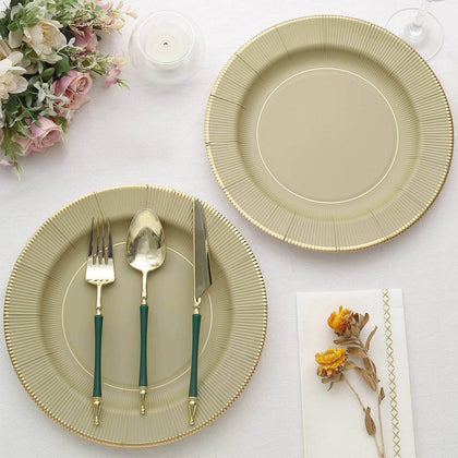25-Pack Paper Round Dinner Plates 10" Khaki Sunray Design with Gold Rim - 350GSM Heavy Duty Disposable Party Plates