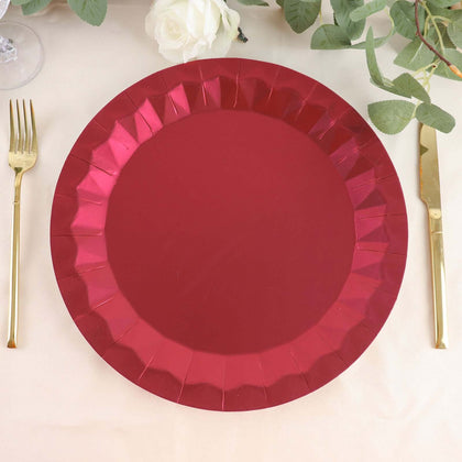 25-Pack Paper Round Charger Plates 12" Burgundy with Geometric Prism Design - 400GSM Disposable Serving Trays