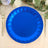 Blue disposable plate on a table setting with cutlery and floral decor.