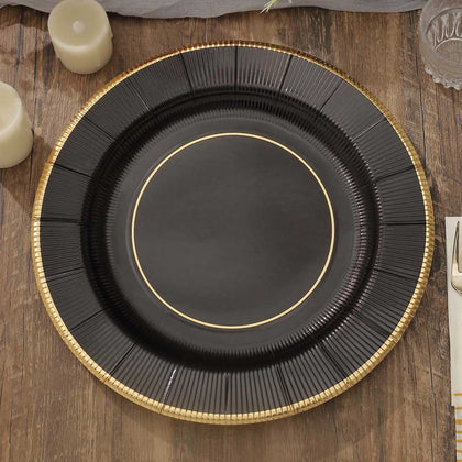 25-Pack Disposable Round Charger Plates 13" Black Sunray Design with Gold Rim - 350GSM Heavy Duty Paper Placemats