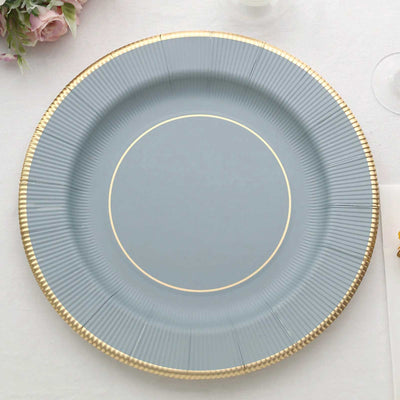 25-Pack Disposable Round Charger Plates 13" Dusty Blue Sunray Design with Gold Rim - 350GSM Heavy Duty Paper Placemats