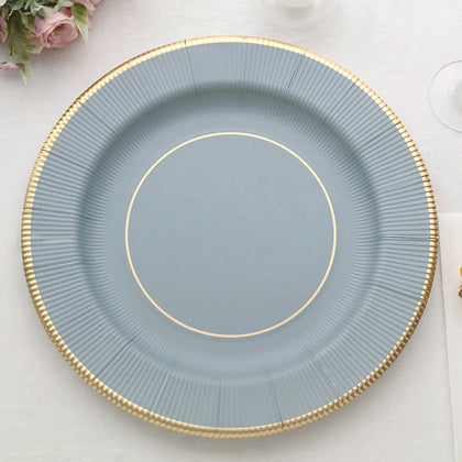 25-Pack Disposable Round Charger Plates 13" Dusty Blue Sunray Design with Gold Rim - 350GSM Heavy Duty Paper Placemats