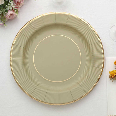 25-Pack Disposable Round Charger Plates 13" Khaki Sunray Design with Gold Rim - 350GSM Heavy Duty Paper Placemats