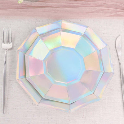 25-Pack Paper Decagon Dessert Plates 7.5" Iridescent - Disposable Geometric Salad Plates for Disco & Space Themed Events