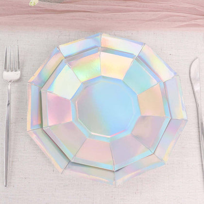 25-Pack Paper Decagon Dessert Plates 7.5" Iridescent - Disposable Geometric Salad Plates for Disco & Space Themed Events