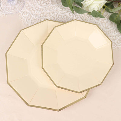 25-Pack Paper Decagon Appetizer Plates 7" Beige with Gold Foil Rim - Modern Geometric Dessert/Salad Plates for Stylish Tablescapes