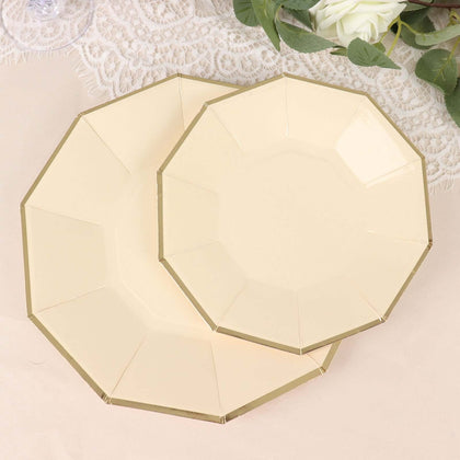 25-Pack Paper Decagon Appetizer Plates 7" Beige with Gold Foil Rim - Modern Geometric Dessert/Salad Plates for Stylish Tablescapes