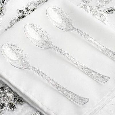 25-Pack Plastic Spoons 7" Clear Silver Glitter Classic Heavy Duty - Sparkly Disposable Utensils
