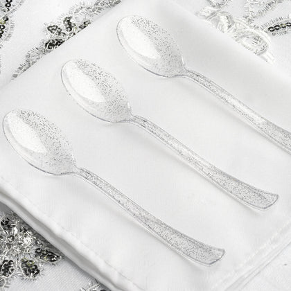 25-Pack Plastic Spoons 7" Clear Silver Glitter Classic Heavy Duty - Sparkly Disposable Utensils