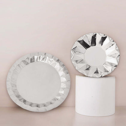 25-Pack Paper Round Dessert Plates 7" Metallic Silver with Geometric Prism Rim - 400GSM Disposable Appetizer Salad Plates
