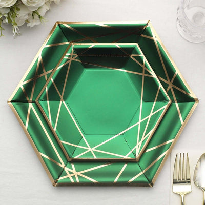 25-Pack Paper Hexagon Dessert Plates 7" Hunter Emerald Green with Gold Geometric Lines & Rim - 300GSM Disposable Geometric Appetizer Salad Plates