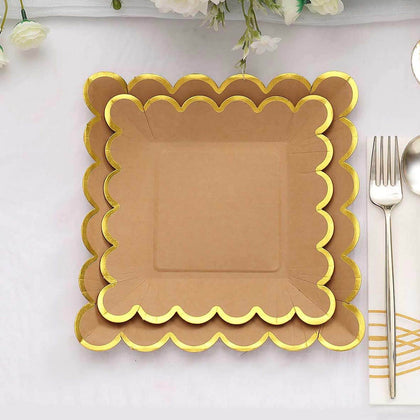 25-Pack Paper Square Dessert Plates 7" Natural Brown with Gold Scalloped Rim - Disposable Salad Appetizer Party Plates for Rustic Gatherings & Chic Events