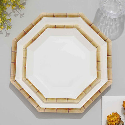 25-Pack Paper Octagonal Dessert Plates 7" White with Bamboo Print Rim - Disposable Geometric Appetizer Salad Plates for Tropical & Beach Themed Celebrations