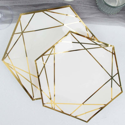 25-Pack Paper Hexagon Dessert Plates 7" White with Gold Geometric Lines & Rim - 300GSM Disposable Geometric Appetizer Salad Plates for Weddings & Cocktail Parties