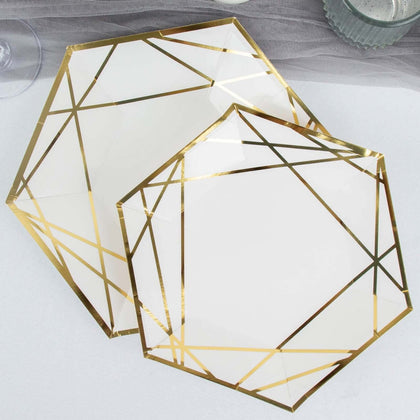 25-Pack Paper Hexagon Dessert Plates 7" White with Gold Geometric Lines & Rim - 300GSM Disposable Geometric Appetizer Salad Plates for Weddings & Cocktail Parties