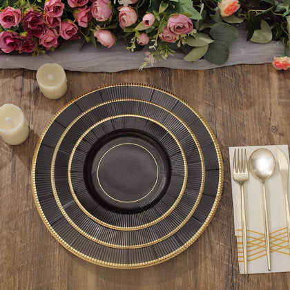 25-Pack Paper Round Dessert Plates 8" Black Sunray Design with Gold Rim - 350GSM Heavy Duty Disposable Appetizer Salad Plates