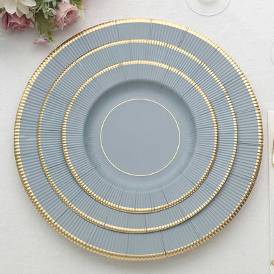 25-Pack Paper Round Dessert Plates 8" Dusty Blue Sunray Design with Gold Rim - 350GSM Heavy Duty Disposable Appetizer Salad Plates