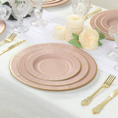 25-Pack Paper Round Dessert Plates 8" Dusty Rose Sunray Design with Gold Rim - 350GSM Heavy Duty Disposable Appetizer Salad Plates