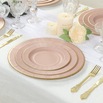 25-Pack Paper Round Dessert Plates 8" Dusty Rose Sunray Design with Gold Rim - 350GSM Heavy Duty Disposable Appetizer Salad Plates