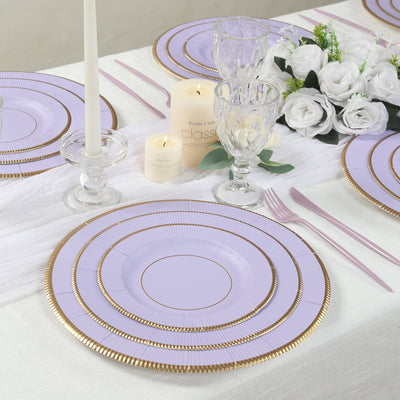 25-Pack Paper Round Dessert Plates 8" Lavender Lilac Sunray Design with Gold Rim - 350GSM Heavy Duty Disposable Appetizer Salad Plates