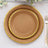 Brown paper plates with gold trim, stacked in two sizes.