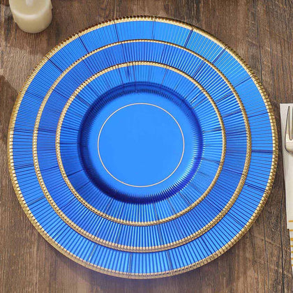 25-Pack Paper Round Dessert Plates 8" Royal Blue Sunray Design with Gold Rim - 350GSM Heavy Duty Disposable Appetizer Salad Plates