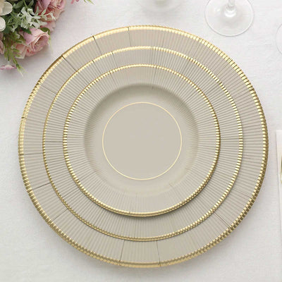 25-Pack Paper Round Dessert Plates 8" Taupe Sunray Design with Gold Rim - 350GSM Heavy Duty Disposable Appetizer Salad Plates