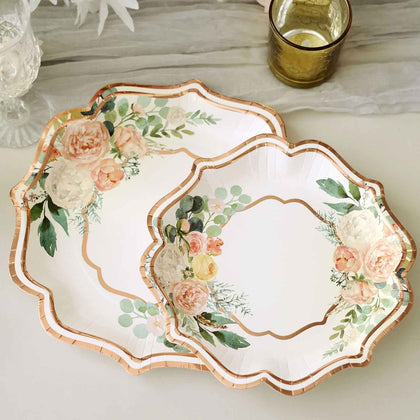 25-Pack Paper Dessert Plates 8" White with Floral Print & Rose Gold Scallop Rim - 300GSM Disposable Appetizer Salad Plates