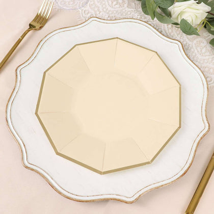 25-Pack Paper Decagon Dinner Plates 9" Beige with Gold Foil Rim - Geometric Disposable Party Plates for Banquets & Celebrations
