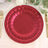 Red disposable plates stacked on a table with gold cutlery and floral decor.
