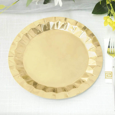 25-Pack Paper Round Dinner Plates 9" Metallic Gold with Geometric Prism Rim - 400GSM Disposable Party Plates for Cocktail Events & Receptions