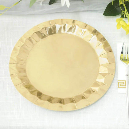 25-Pack Paper Round Dinner Plates 9" Metallic Gold with Geometric Prism Rim - 400GSM Disposable Party Plates for Cocktail Events & Receptions