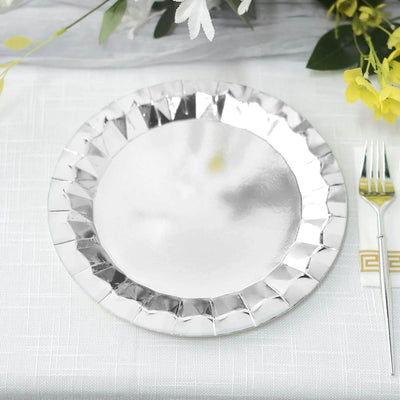 25-Pack Paper Round Dinner Plates 9" Metallic Silver with Geometric Prism Rim - 400GSM Disposable Party Plates