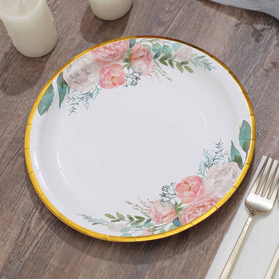 25-Pack Paper Round Dinner Plates 9" White with Peony Floral Design & Gold Rim - Disposable Round Lunch Party Plates for Garden Parties & Baby Showers