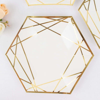 25-Pack Paper Hexagon Dinner Plates 9" White with Gold Geometric Lines & Rim - 300GSM Disposable Geometric Party Plates for Weddings Receptions