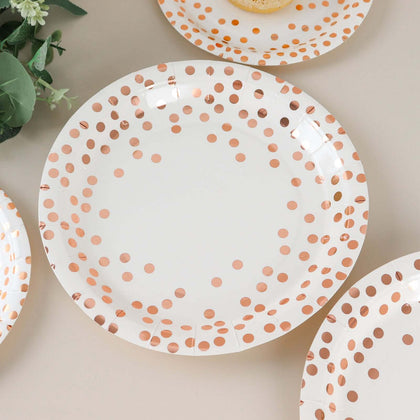25-Pack Paper Round Dinner Plates 9" White with Metallic Rose Gold Polka Dots - 300GSM Disposable Party Plates for Cocktail Events & Receptions