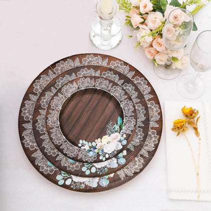 25-Pack Paper Round Dessert Plates 8" Brown Wood Print with Floral Lace Rim - Disposable Salad Appetizer Plates for Rustic Themes & Celebrations