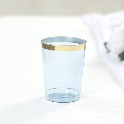 25-Pack Plastic Tumbler Cups 10oz Dusty Blue with Gold Rim - Disposable Crystal Drinking Glasses for Parties