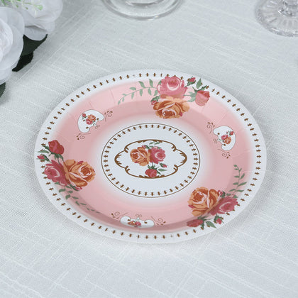 25-Pack Paper Round Dessert Plates 7" Dusty Rose with Vintage Rose Flower Print - Disposable Appetizer Salad Plates for High Tea Gatherings & Romantic Celebrations