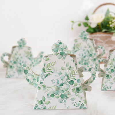 25 Pack Eucalyptus Greenery Mini Teapot Gift Boxes, Tea Time Party Favor Boxes - 5"x4"