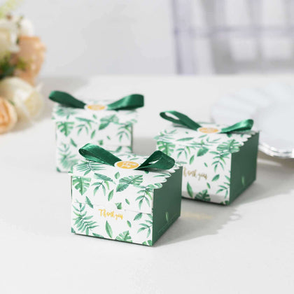 25 Pack Green Monstera Leaf Print Party Favor Gift Boxes with Satin Ribbon Bow, Thank You Cardstock Paper Candy Boxes - 2.5"x2.5"x2"