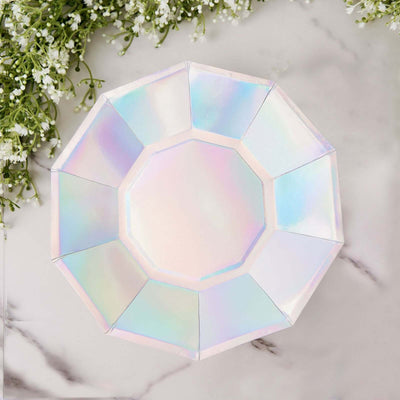 25-Pack Paper Decagon Dinner Plates 9" Iridescent - Disposable Holographic Party Plates for Starry Night & Fairytale Themes