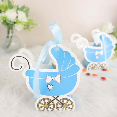 25 Pack Light Blue Baby Paper Stroller Party Favor Gift Boxes, Cardstock Carriage Candy Boxes with Ribbon Ties 4.5"x2"x4"