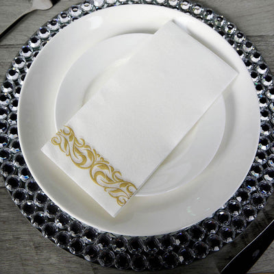 25 Pack Linen-Like Paper Napkins 8"x4" White with Metallic Gold Foil Scroll Design - Disposable Airlaid Dinner Napkins for Upscale Casual Events