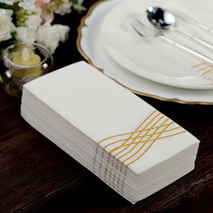25 Pack Linen-Like Paper Napkins 8"x4" White with Metallic Gold Foil Wave Design - Disposable Airlaid Dinner Napkins for Upscale Casual Events