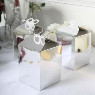 25 Pack Metallic Silver Butterfly Top Premium Candy Gift Boxes, Cardstock Party Favor Boxes 250 GSM